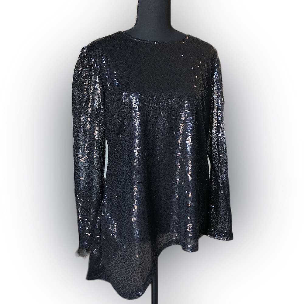 NWT Adiva Asymmetrical Black Bling Sequin Long Sleeve Blouse SZ L Night Out Date